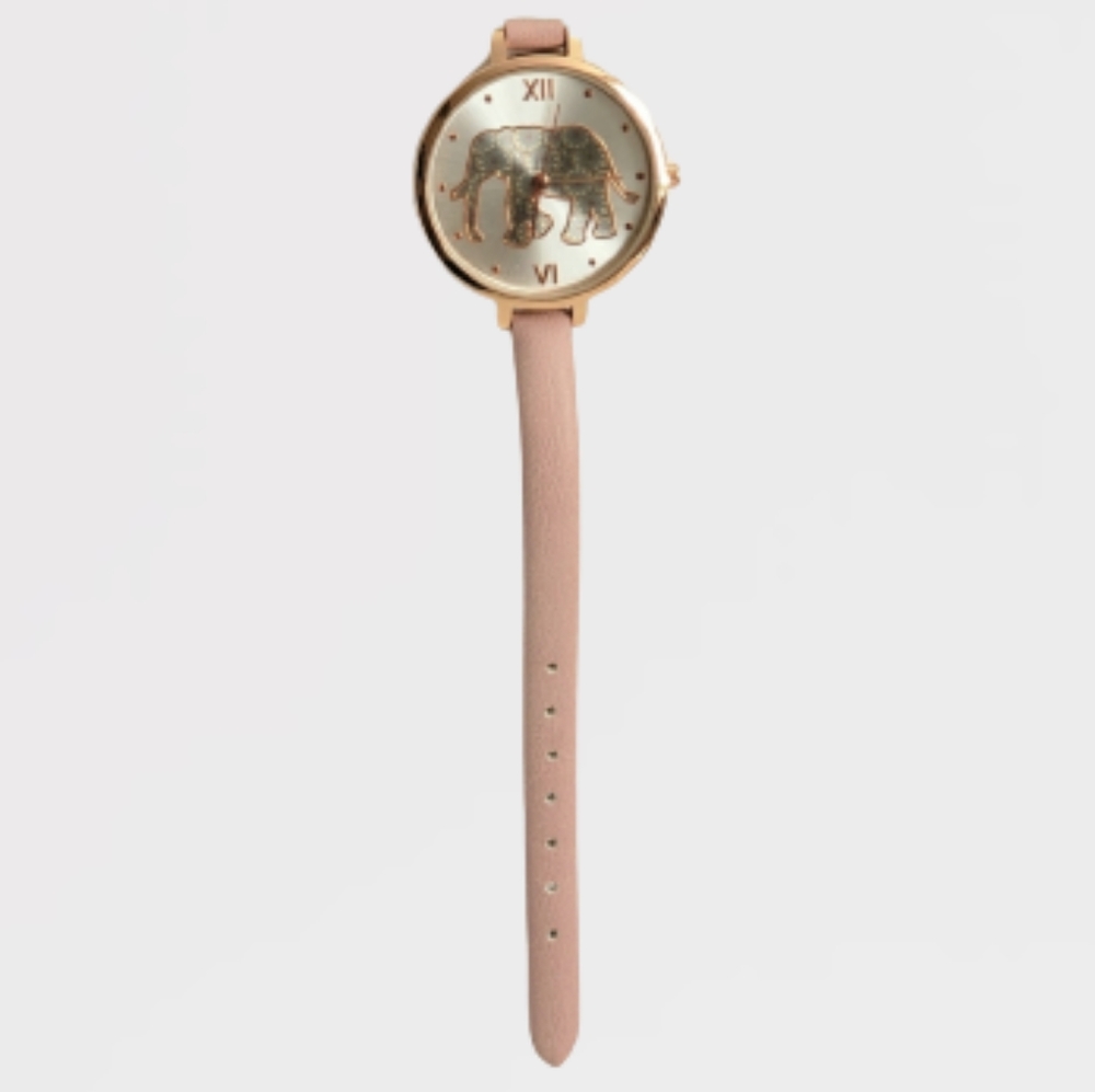 Cute Elephant Quartz Rose Gold Watch with Pink Faux Leather Band